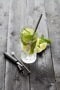 Telescopic straw with cleaning brush in metal holder rosé or mat black