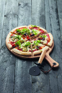 Set of pizza knife and acacia wood serving board