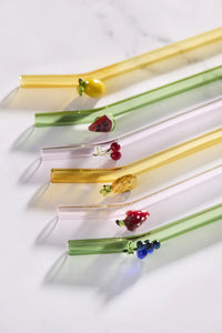 Set van 6 rietjes met fruit uit borosilicaatglas 16cm