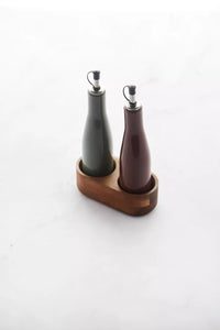 Set van olie- en azijnfles en houder uit acacia