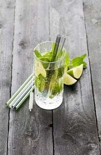 8 pailles en verre transparent, gris et vert avec brosse et sachet