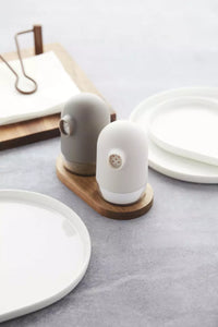 Set de salière et poivrière taupe/gris avec support