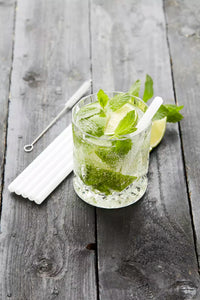 Set of 6 short glass cocktail drinking straws white with brush and pouch