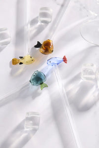 Set of 2 straws with fish made of borosilicate glass and brush 20cm
