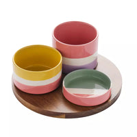 Sharing Summer set van 3 schaaltjes uit steengoed en acacia dienblad 25x25x17cm