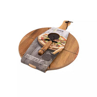 Set of pizza knife and acacia wood serving board