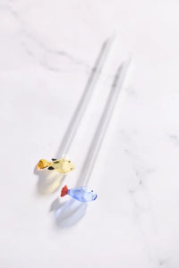 Set of 2 straws with fish made of borosilicate glass and brush 20cm