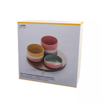 Sharing Summer set van 3 schaaltjes uit steengoed en acacia dienblad 25x25x17cm