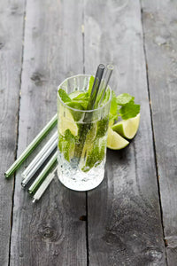 8 pailles en verre transparent, gris et vert avec brosse et sachet