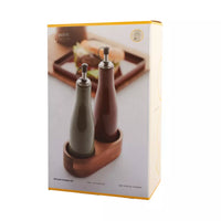 Set van olie- en azijnfles en houder uit acacia